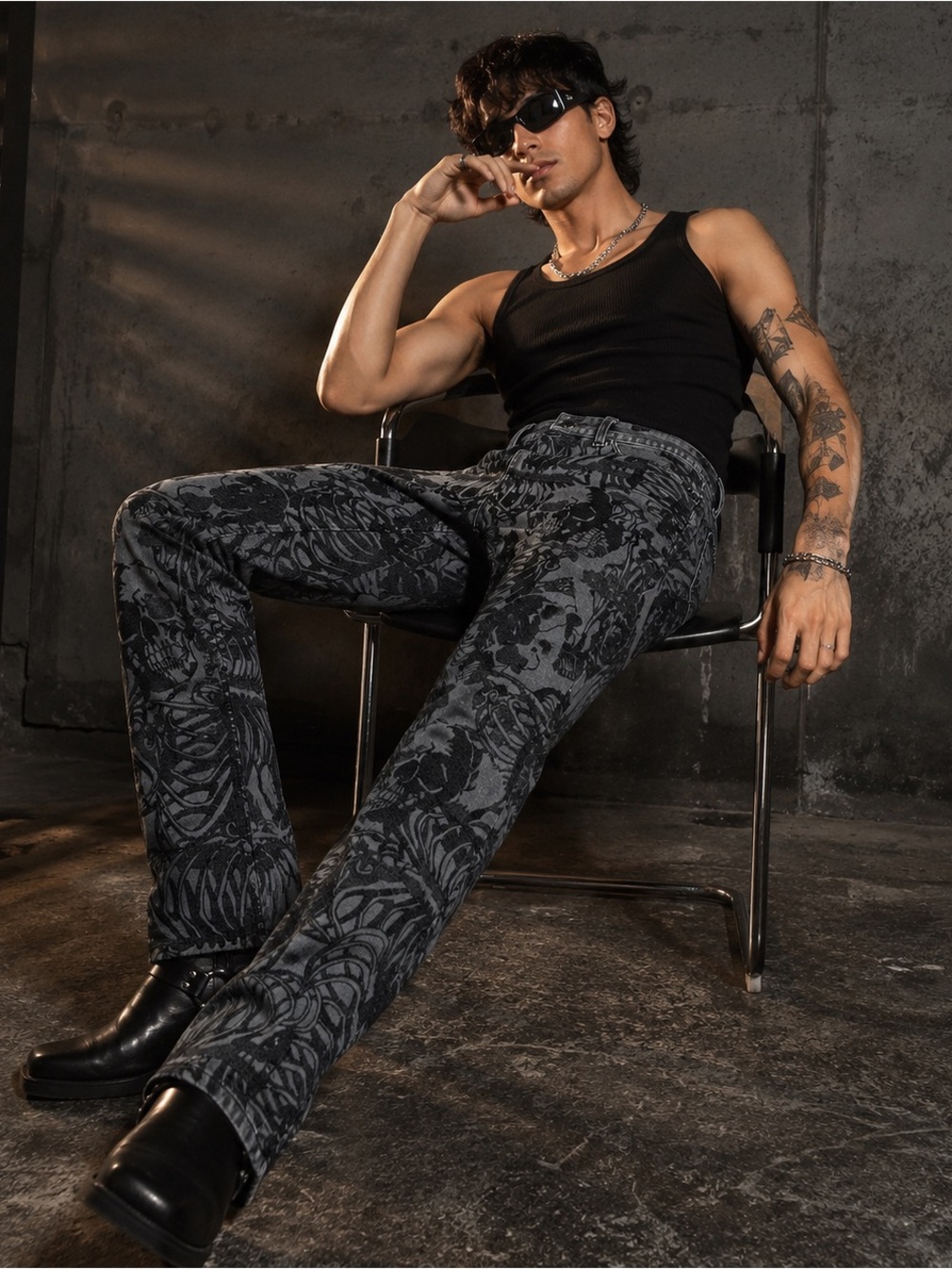 KDNK KND4924 Skull Skeleton Flocked Jeans Size 32 Grey Gothic